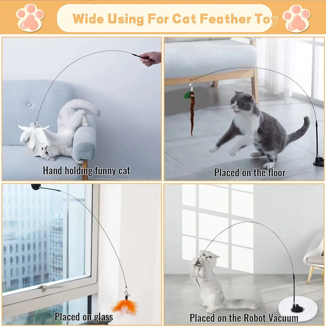 Cat Feather Toys Teaser Feather Wand Interactive Toys Cat Toys With Super Suction Cup Removable 3PCS Feather Replacement Toy