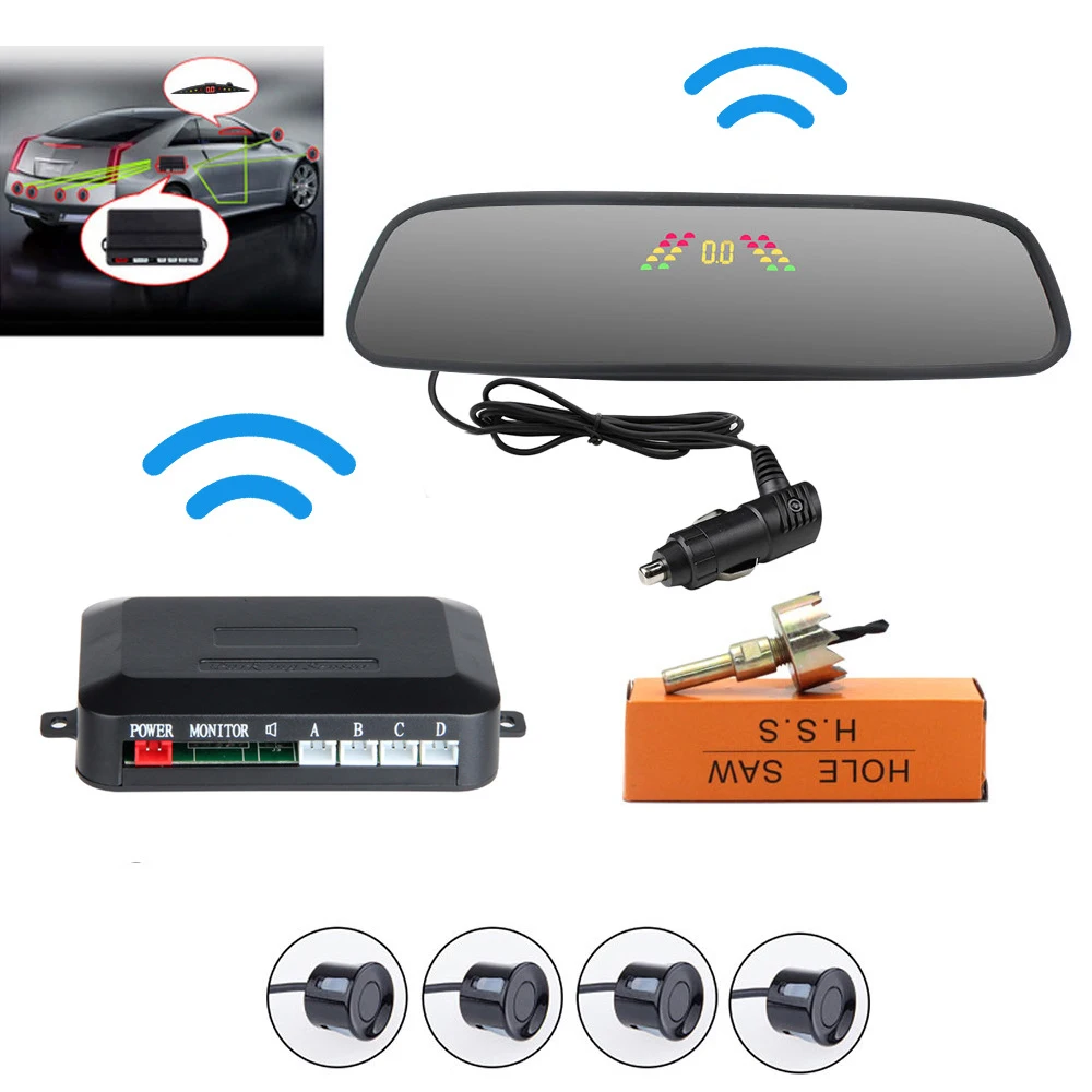 Car Parking Sensor Kit With Auto Parktronic Reverse LED Monitor 22mm 4 Sensors Radar Detector Back-light LCD Rear Mirror Display