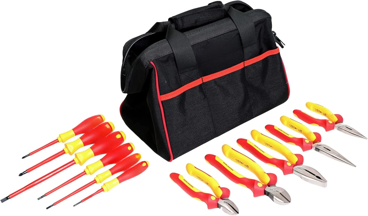 Canvas tool bag containing 11 Master Electrician insulated tools.