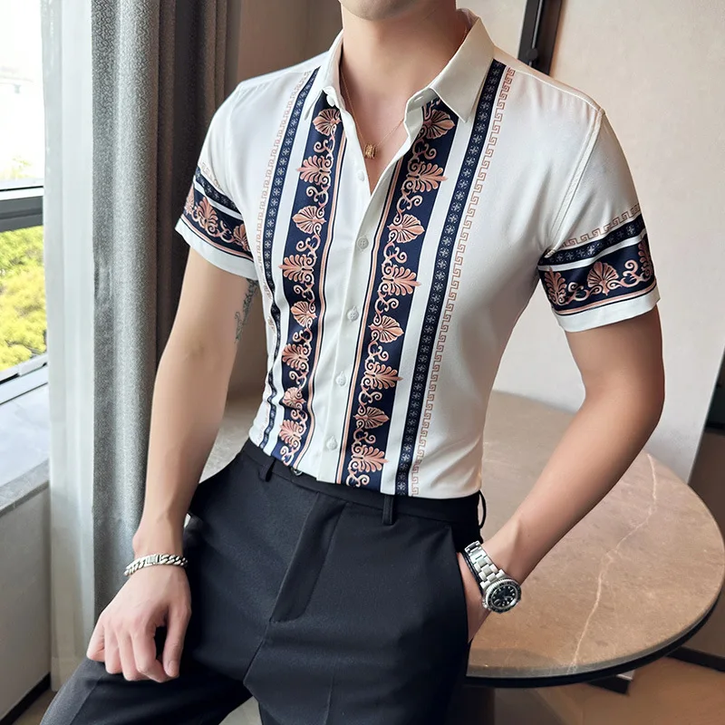 2023 Summer New Fashion Short Sleeve Print Shirt Men Slim Fit Business Social Party Dress Shirts Streetwear Plus Size 6XL-M