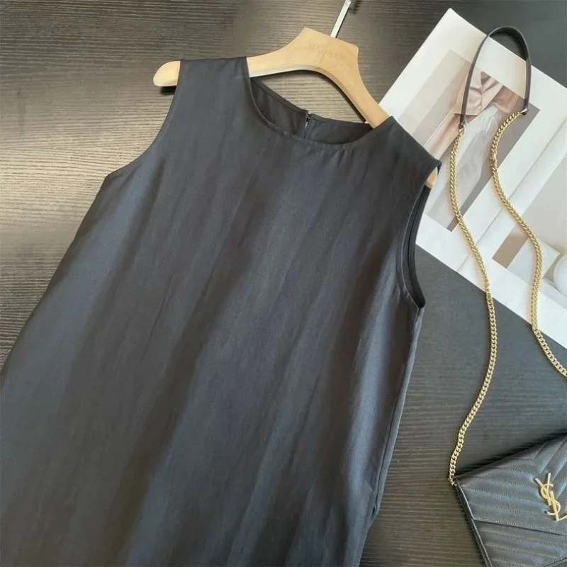 2025年新作 夏 ノースリーブ リネン ミディ丈 ベストワンピース レディース ゆったり マッシュルームボタン Aライン カジュアルワンピース ファッション Oネック