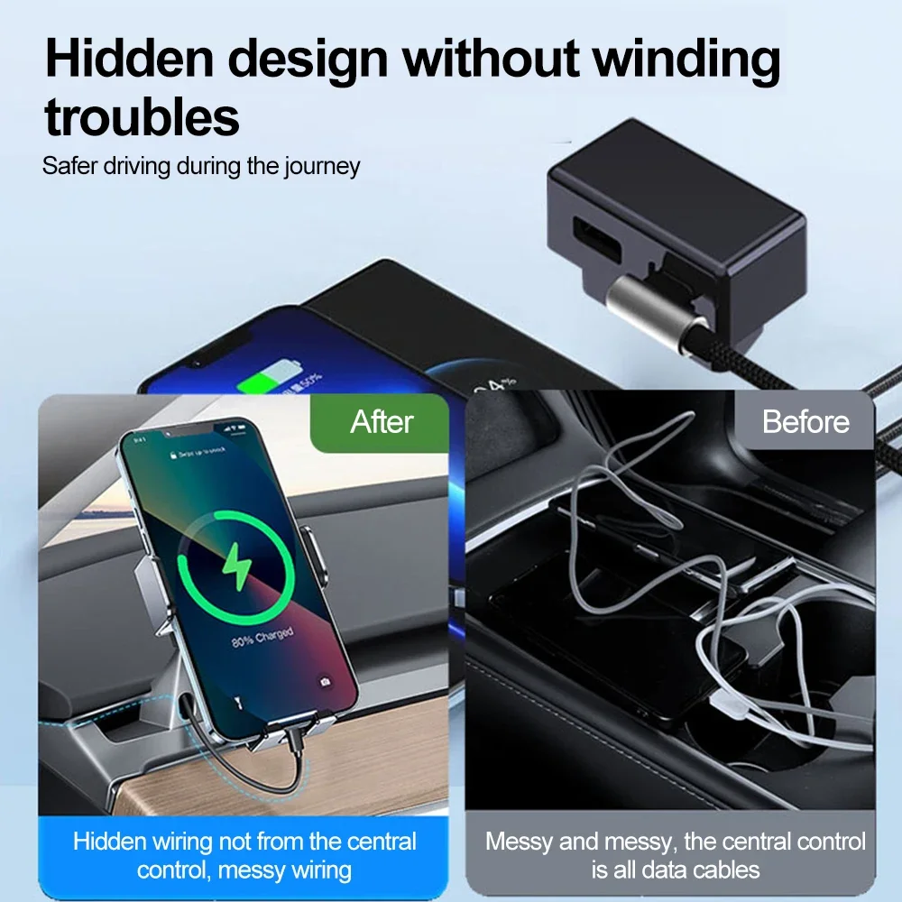 Car OBD Fast Charger for Tesla Model 3 Y X S Mobile Phone Charging Adapter OBD2 Splitter USB and Type-C Dual Port Plug Head