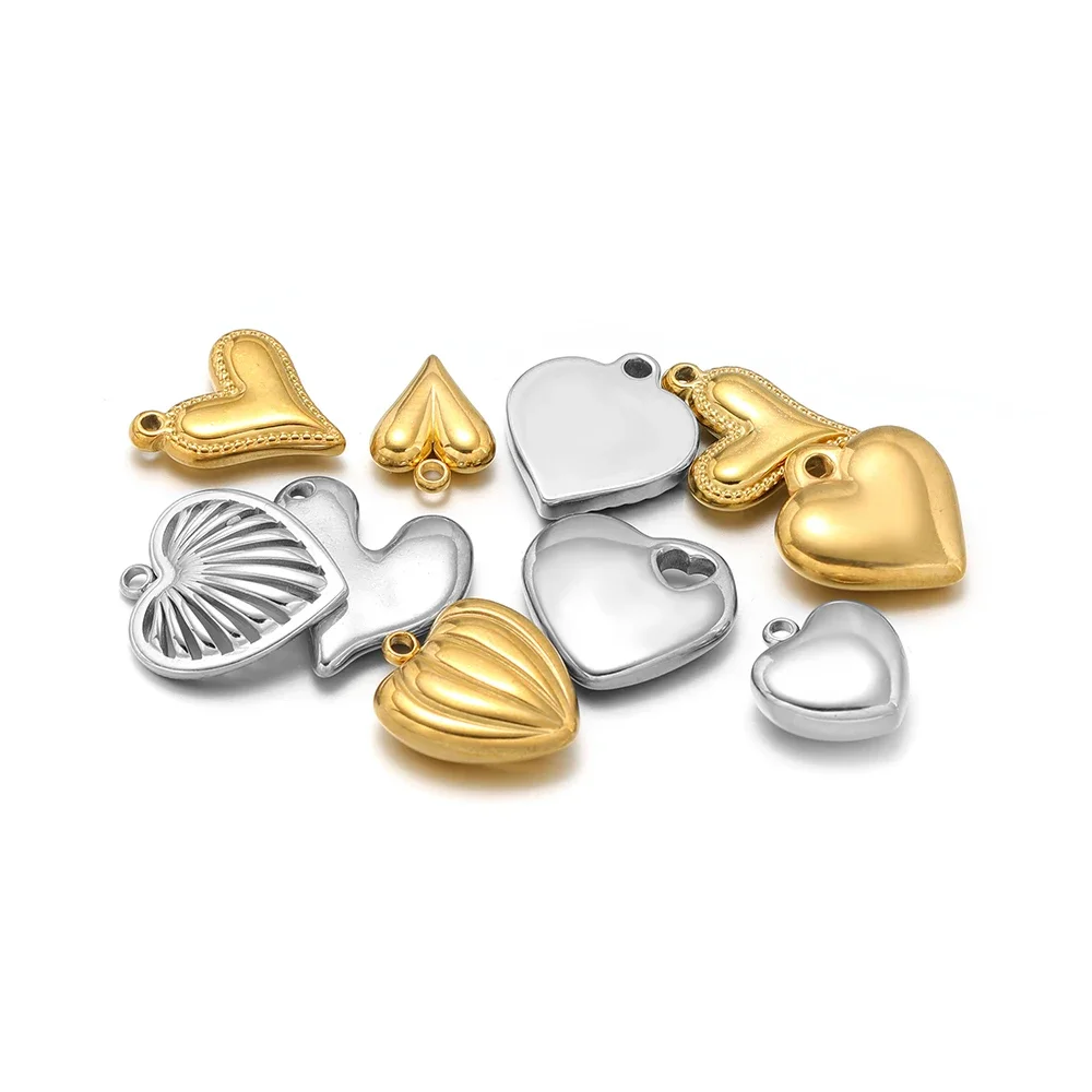 5Pcs Stainless Steel Multiple Styles Heart Charms 18k Gold Plated Pendants DIY Women Necklace Earrings Findings Jewelry Supplies