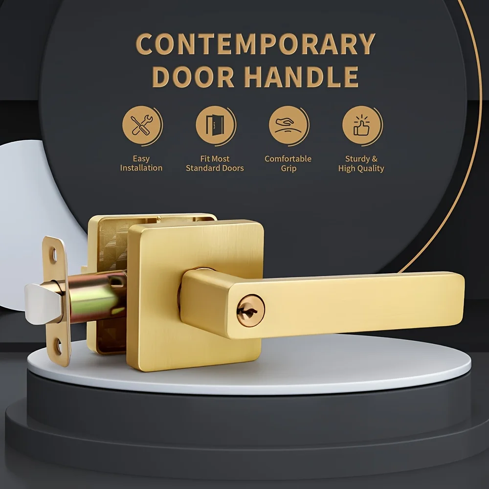 Brushed Gold Door Handles, Heavy Duty Keyless Privacy Door Lever, Reversible Square Door Handle Without Keys for Bedroom Bathroo