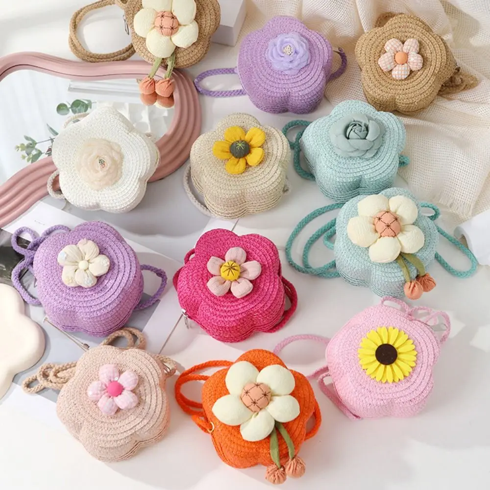 

Durable Straw Crossbody Bag Flower Woven Shoulder Bag Coin Purse Girls Kids