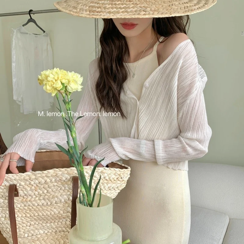 GAODINGLAN Ice Silk Knitted Sunscreen Cardigan Women Long Sleeve Thin Shawl Summer Solid Slightly Transparent Cover Up Outwear