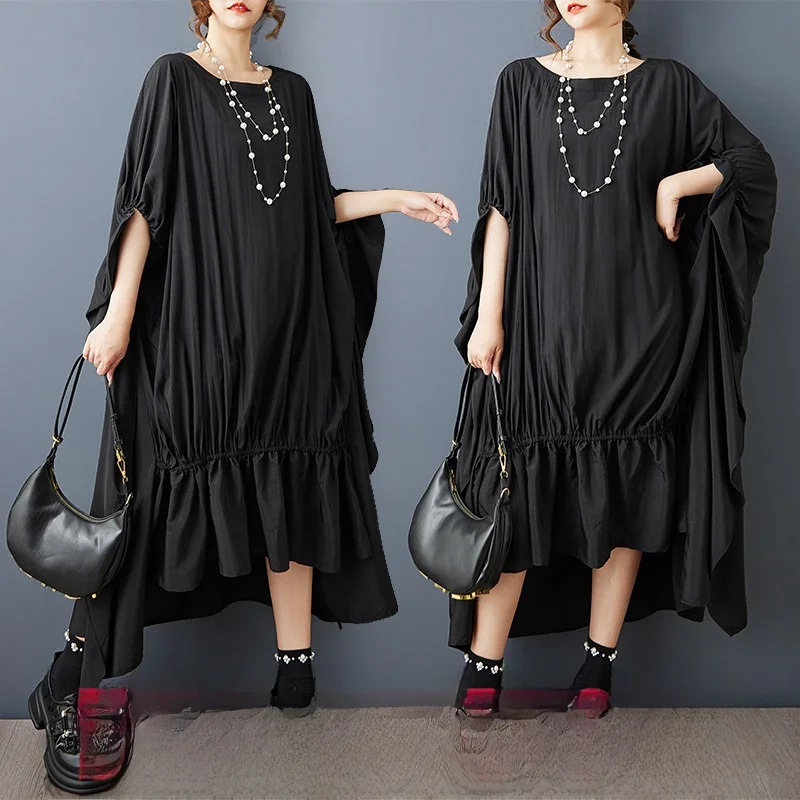 

Summer New Loose Fashion Color Pleated Asymmetrical Oversized Batwing Sleeve Dress Meat Concealing Women's Dress