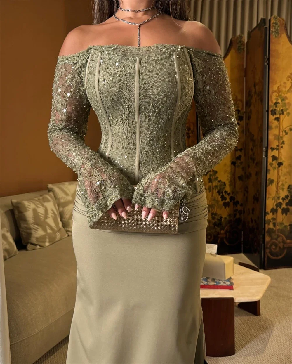 Abito da donna personalizzato verde grigiastro tromba pieghe in rilievo abito da ballo manica lunga in pizzo abiti da sera formale lungo fino al pavimento