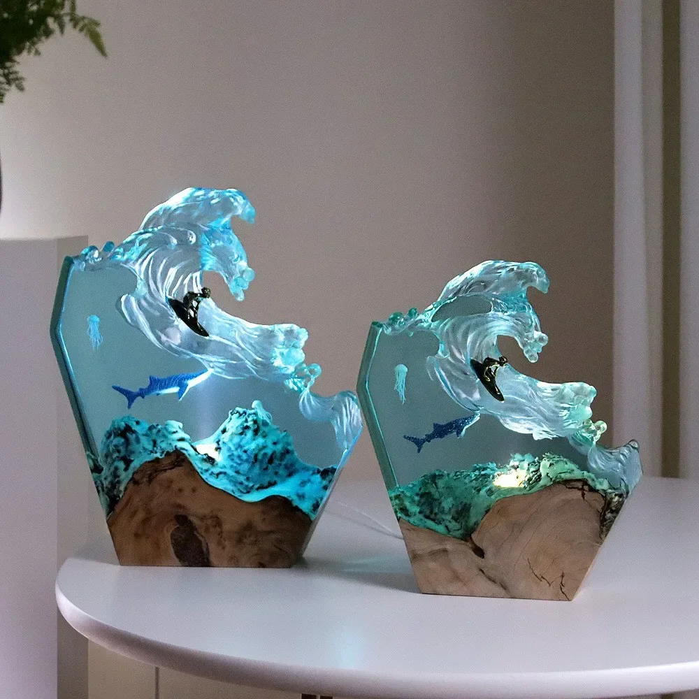 Furniture Decoration Whale Jellyfish Ocean Surf Office Tabletop Art Solid Wood Resin Luminous Light Ornament