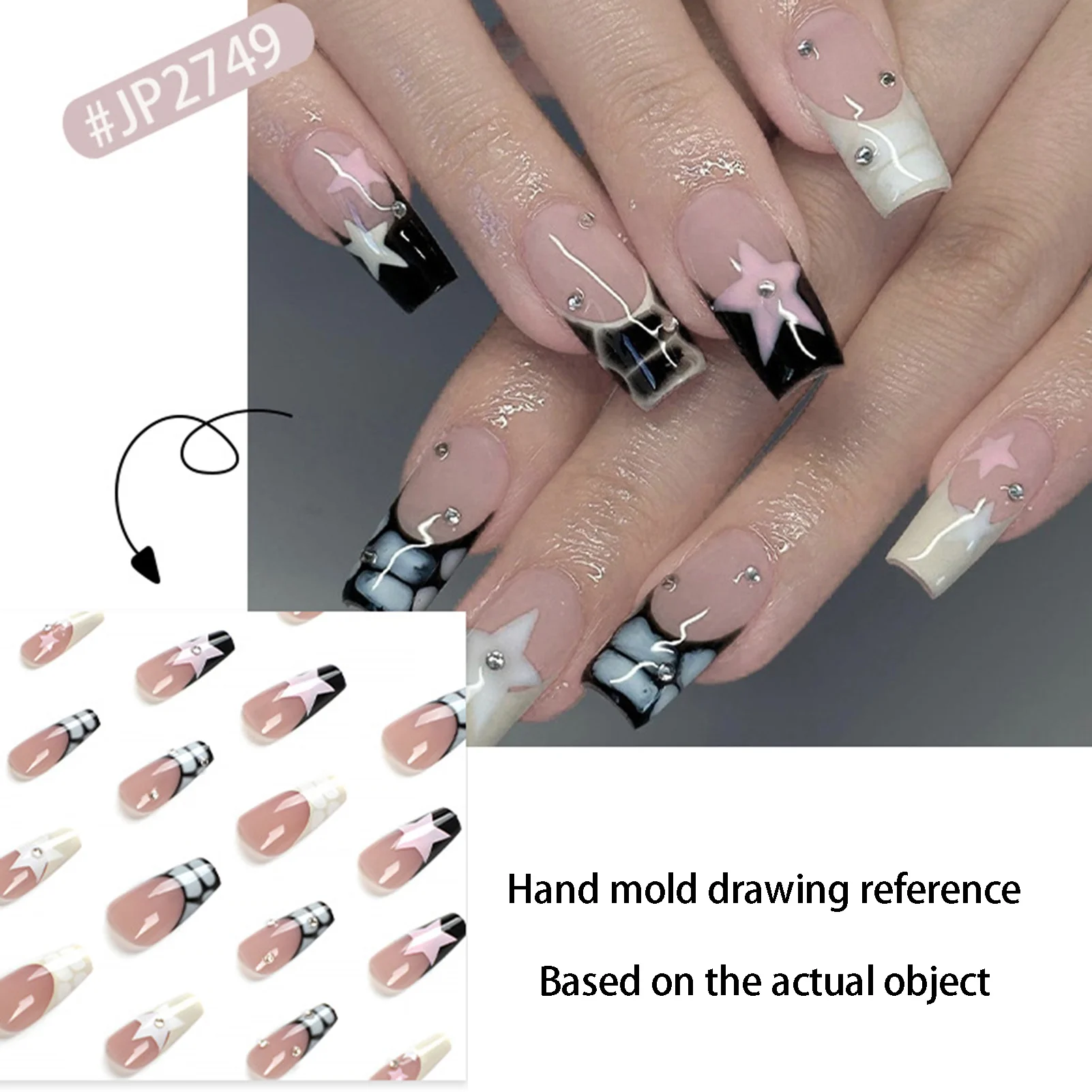 Black White French Style False Nails Mid-length Ballerina Square Head Press on Nails Y2K Star Diamond Decor Full Cover Fake Nail