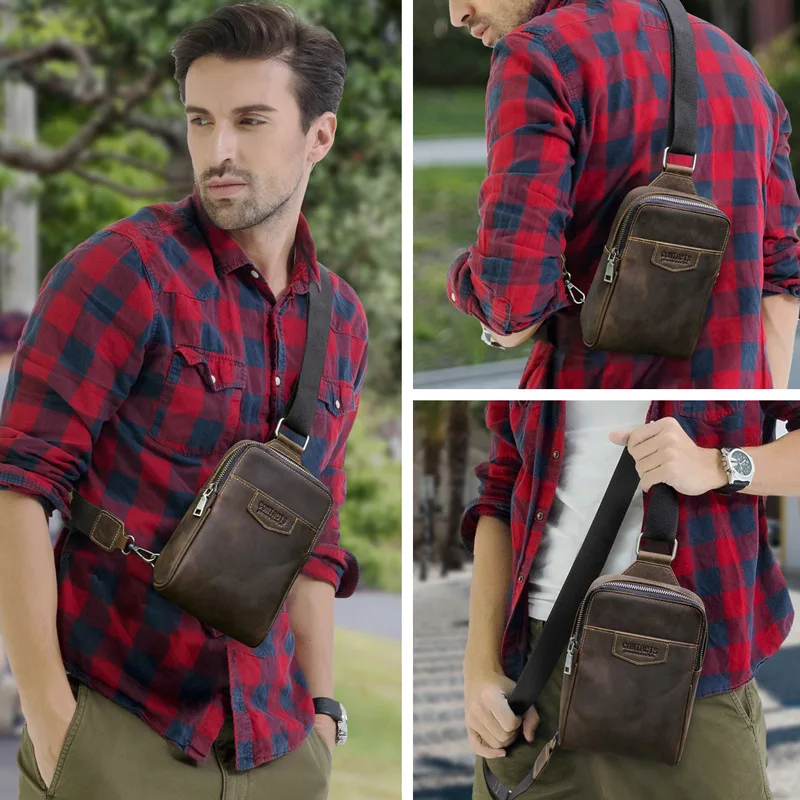 British Style Top Layer Cowhide Fashion Casual Crossbody Outdoor Travel Trend Mens Chest Bag Large Capacity Bag Men Shoulder Bag
