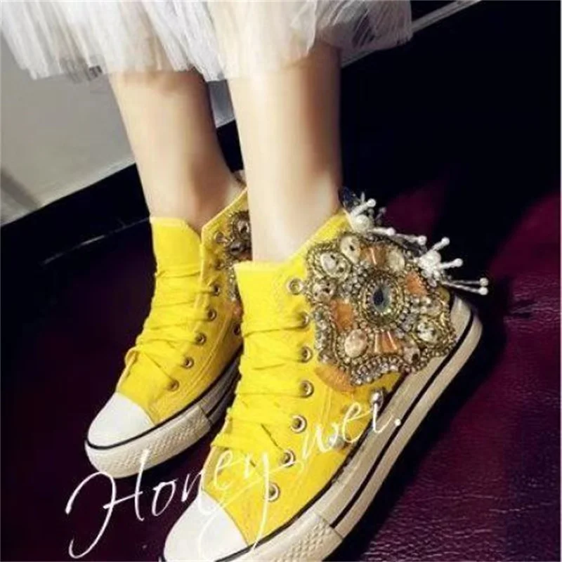 

Popular yellow lace solid color original hand-made heavy rhinestone sequin totem new canvas shoes casual shoes high top