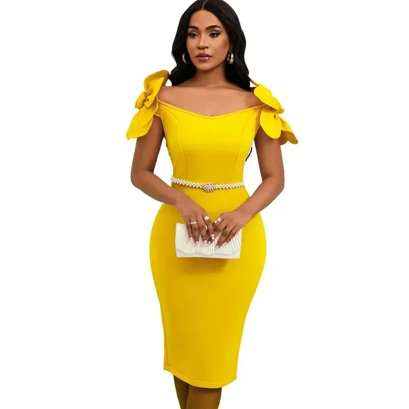 Vestido africano bodycon para mulheres, manga curta, poliéster, decote em v, roupas midi, vestidos de noite, roupas de festa