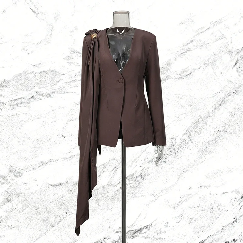 FANAN Irregular Shawl Design Gathered Waist Blazers For Women Single Button Long Sleeve Fit Jackets Female Coats 2026 Spring New