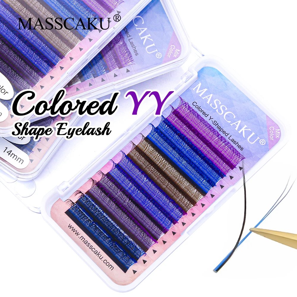 

12 Rows MASSCAKU Double Split Tips Design 0.07mm C D Curl 8-15mm Multi-length Colored YY Shaped Eyelashes Extensions in Stock