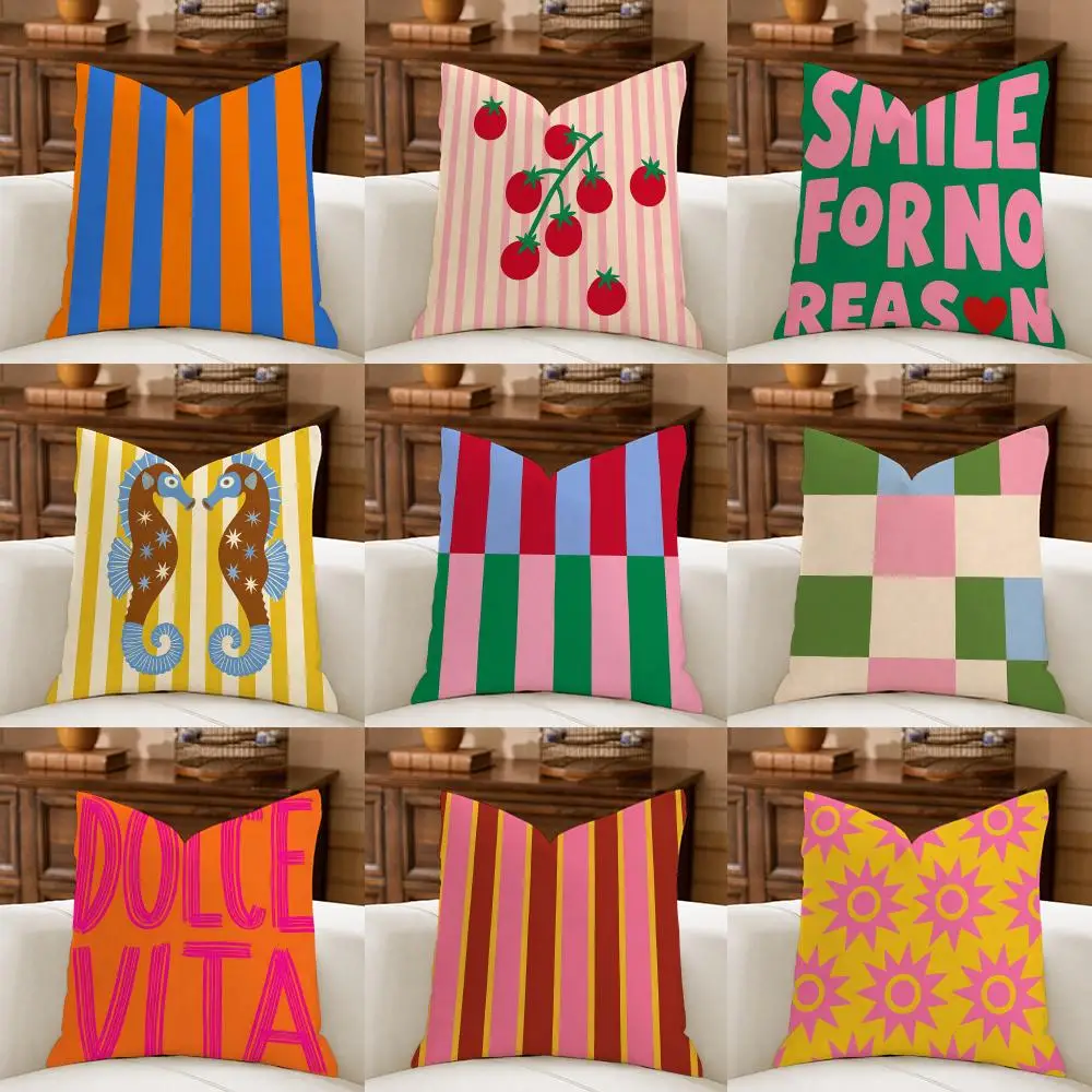 Trendy Colorful Summer Checkered Cushion Cover Natural Breathable Durable Linen Printed Decor Pillow Case Sofa Bedroom