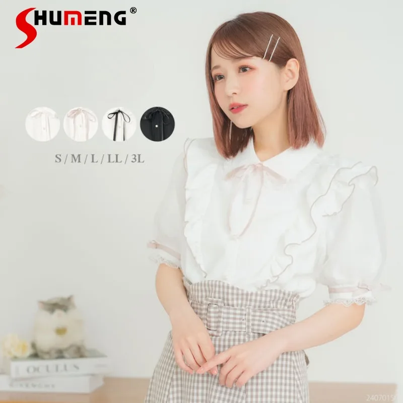 

New Japanese Rojita Style Sweet Heavy Industry Blouse Lace Mesh Patchwork Thin Bow Wooden Ear Lolita Single-breasted Black Shirt