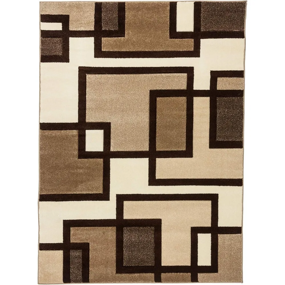 Ruby Geometric 8x10 Area Rug Ivory & Beige Neutral Modern Contemporary Hand Carved Squares Design Perfect