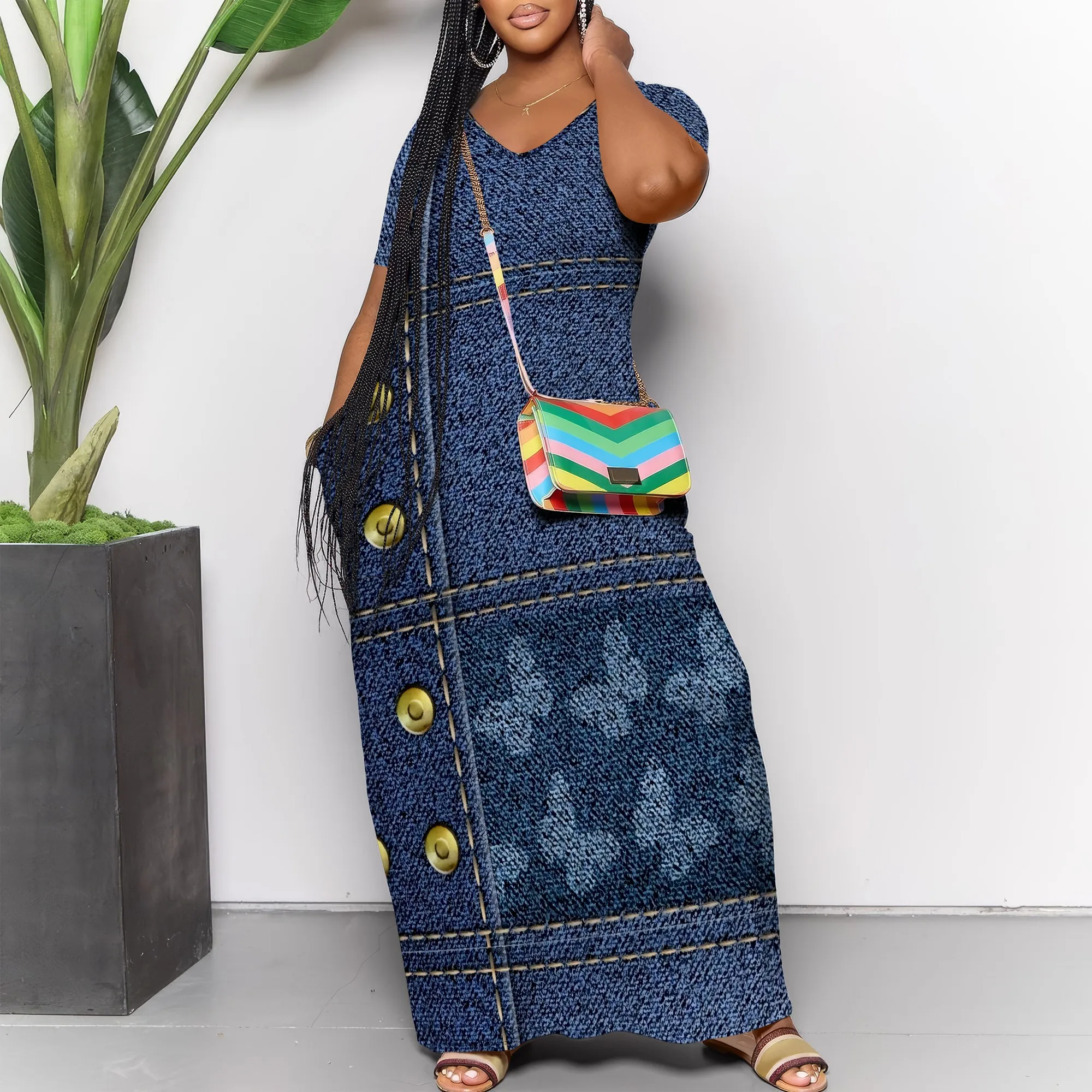 

Women's Ripped Polyester Denim Style Sleeveless Dress Light Blue Slit Casual Festival