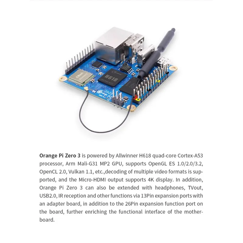 Orange Pi Zero 3 1G 1.5G 2G 4G RAM Allwinner H618 64-bit 16MB SPI Flash Dual Band WiFi5+BT5.0 Gigabit LAN Orange Pi Zero 3