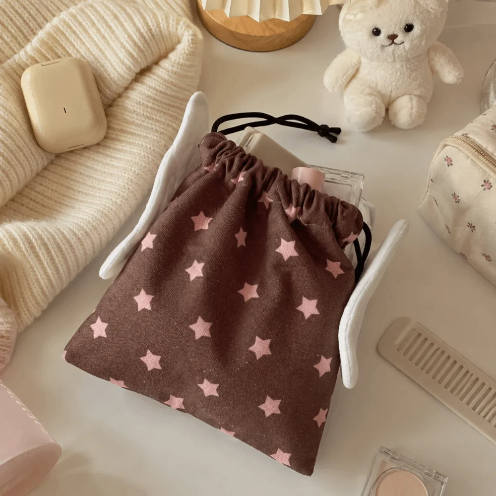 Y2K Canvas Drawstring Makeup Bag Portable Star Pattern Small Organizer Dustproof Rope Cosmetics Bag Stationery Storage