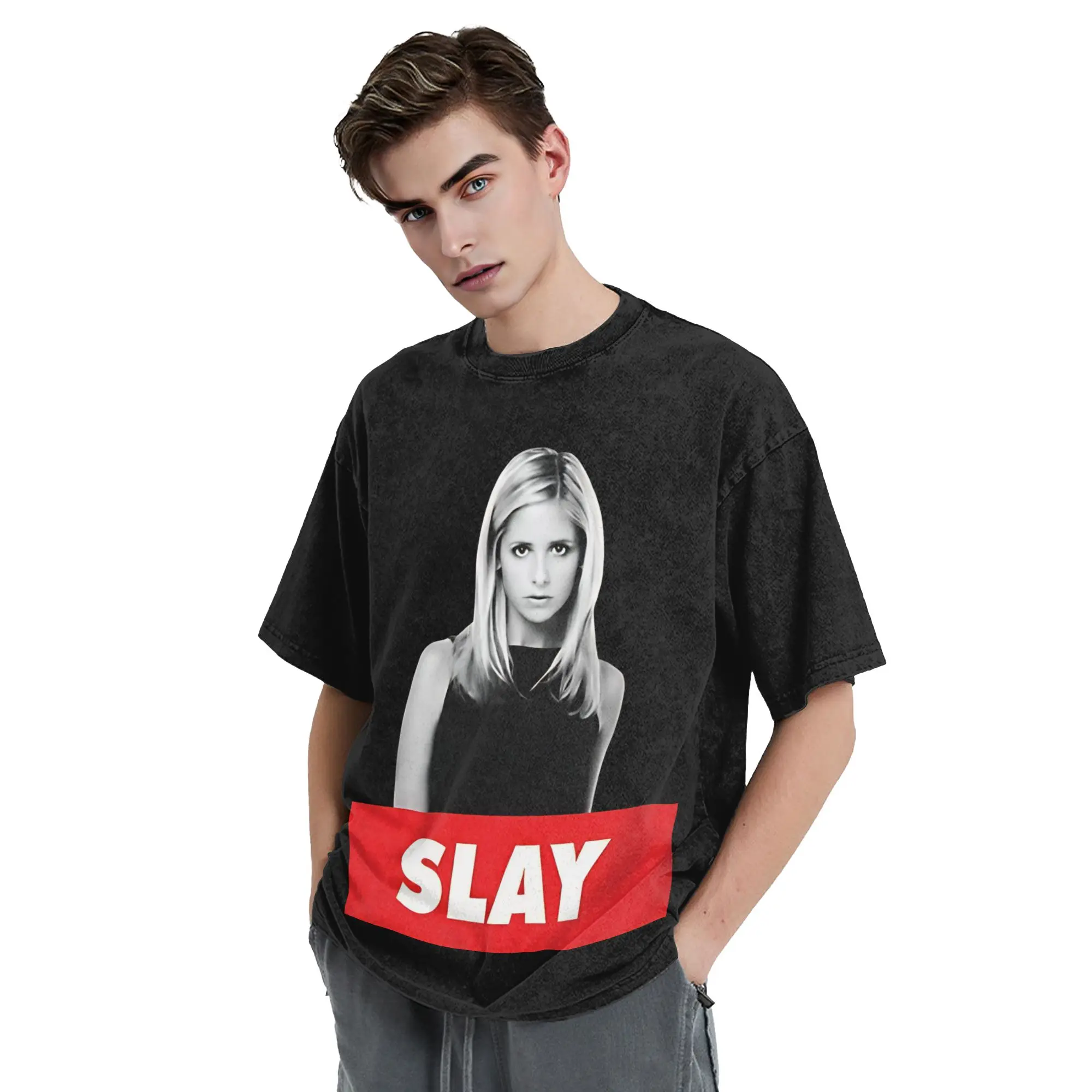 Buffy the Vampire Slayer Washed T Shirts Streetwear Vintage T-Shirt Horror Movie Tees for Men Women Cotton High Street Summer