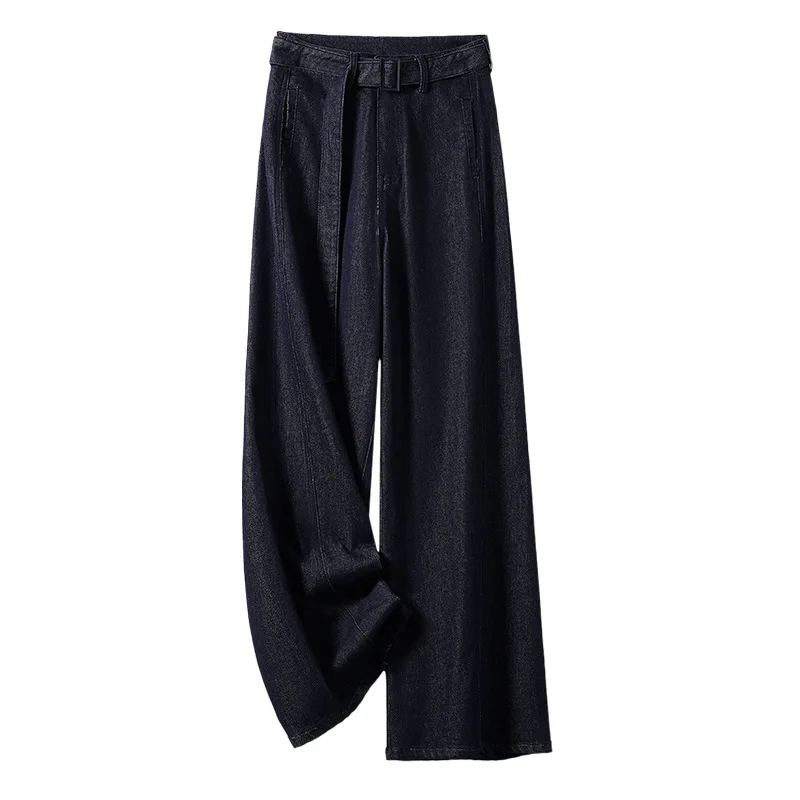 Denimblaue Retro-Jeans mit hoher Taille und weitem Bein für Damen, neue Herbst-lose, schlankmachende, gerade lange Hose