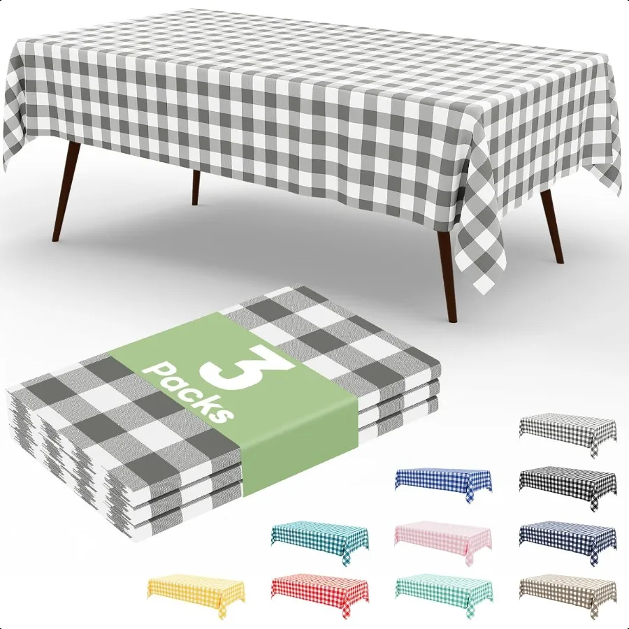 

3 Packs Buffalo Table Cloth 54 x 108 Inch Waterproof Plastic Tablecloth Rec White and Grey Checkered Table Covers for Picnic B