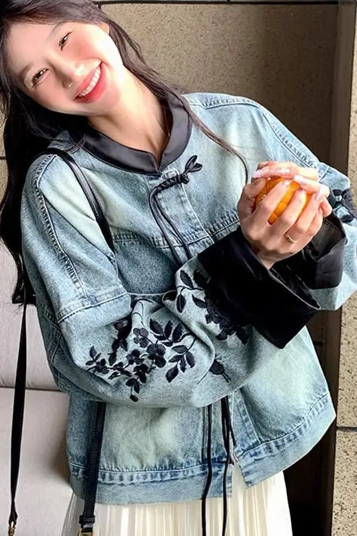 Nouveau Style chinois mode femmes Denim manteau automne épissage impression Denim vestes