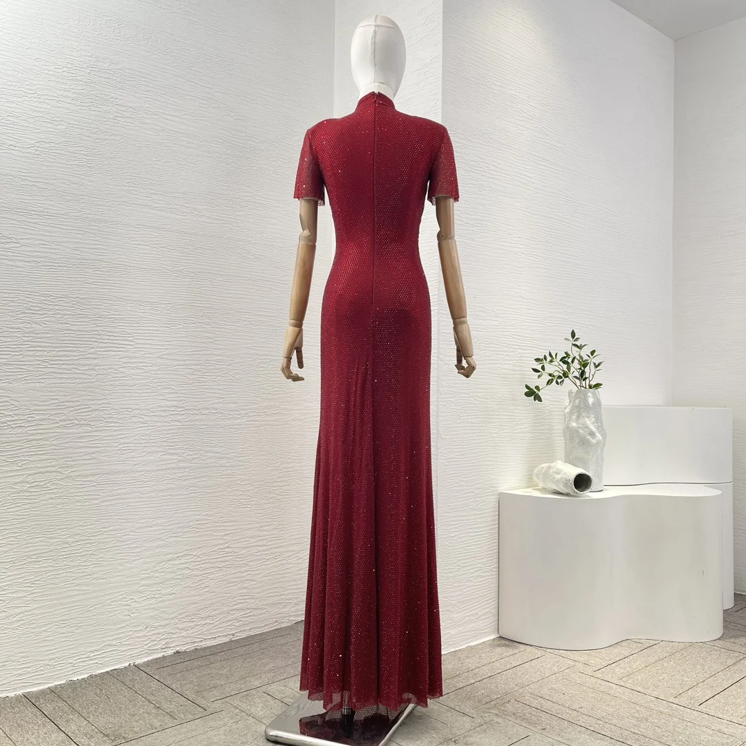 Red Graceful Diamonds Herbst Neuheiten Top Qualität Frauen Kurzarm Überlappung Falten Meerjungfrau Maxi Party Kleid