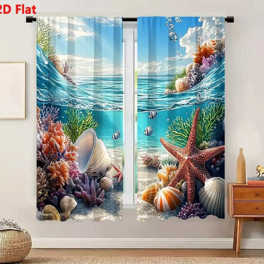 2Pcs Curtains 2D Flat Vibrant Underwater Scene With Colorful Corals Red Starfish Striped Fish And Seashells Window Drapes for Be