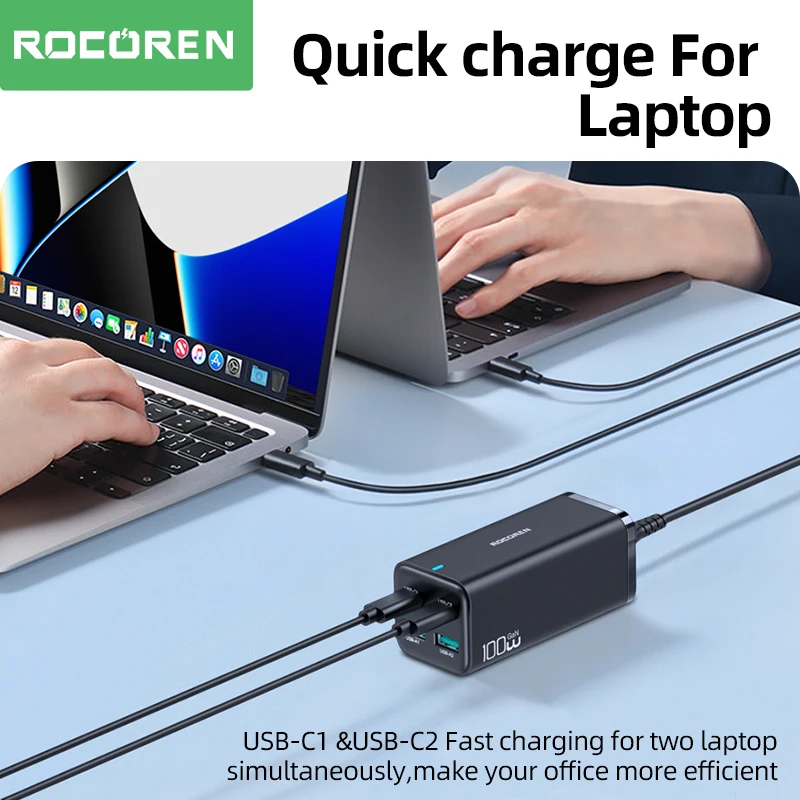 Rocoren GaN 100W Desktop Charger Quick Charge 4.0 QC 5.0 3.0 PD USB-C Type C USB Fast Charging For MacBook Samsung iPhone Laptop