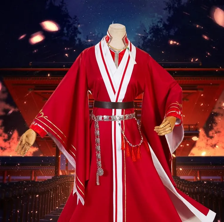 Tgcf Hua Cheng Cosplay Kostuum Pruik Anime Tian Guan Ci Fu San Lang Rood Han Fu Jeugd Lang Zwart Haar Polsbeschermer Kettingaccessoires