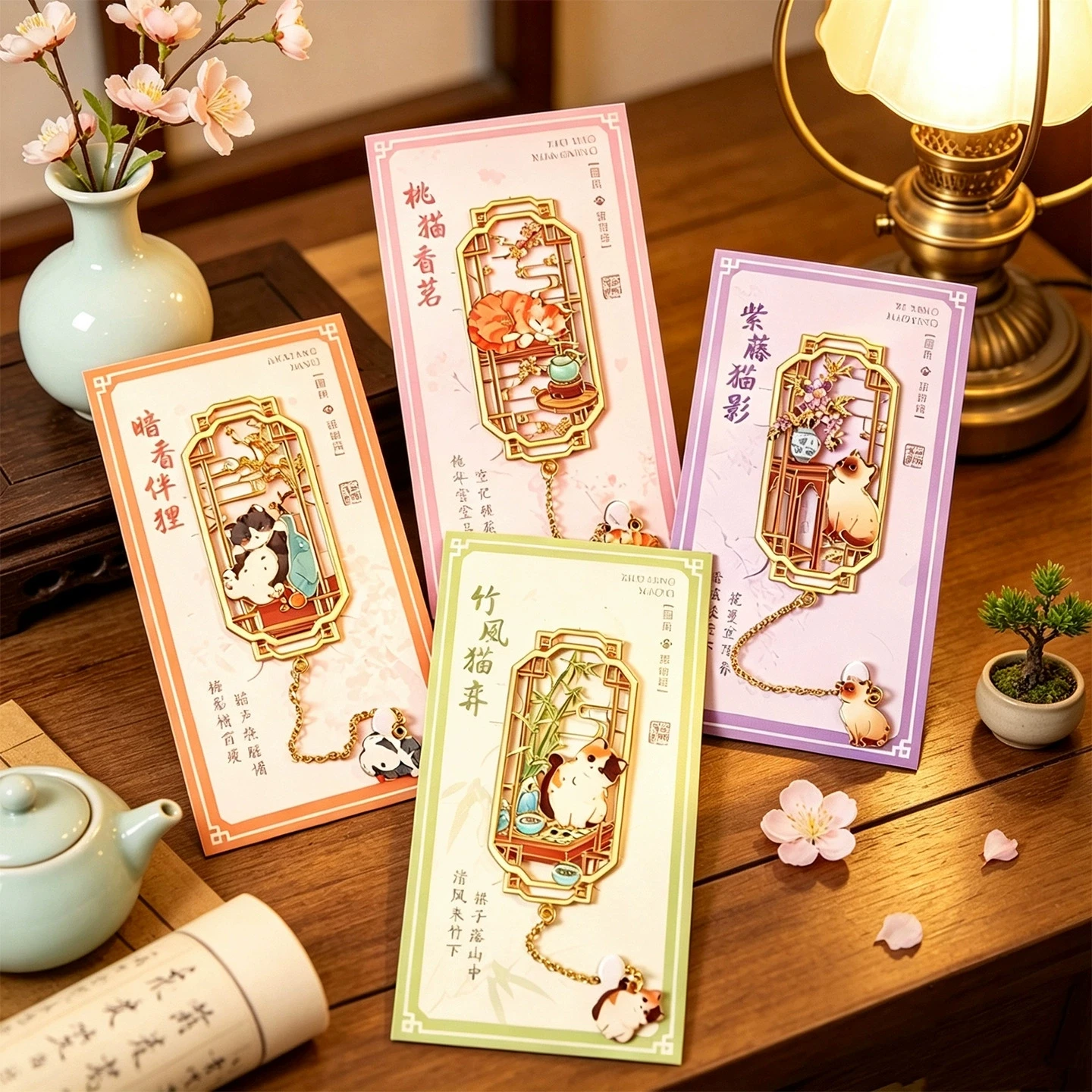 4 Style Chinese Style Cat Language Series Metal Bookmark Cute Cartoon Cats Hollowed Bookmarks Student Reading Book Clip Gifts
