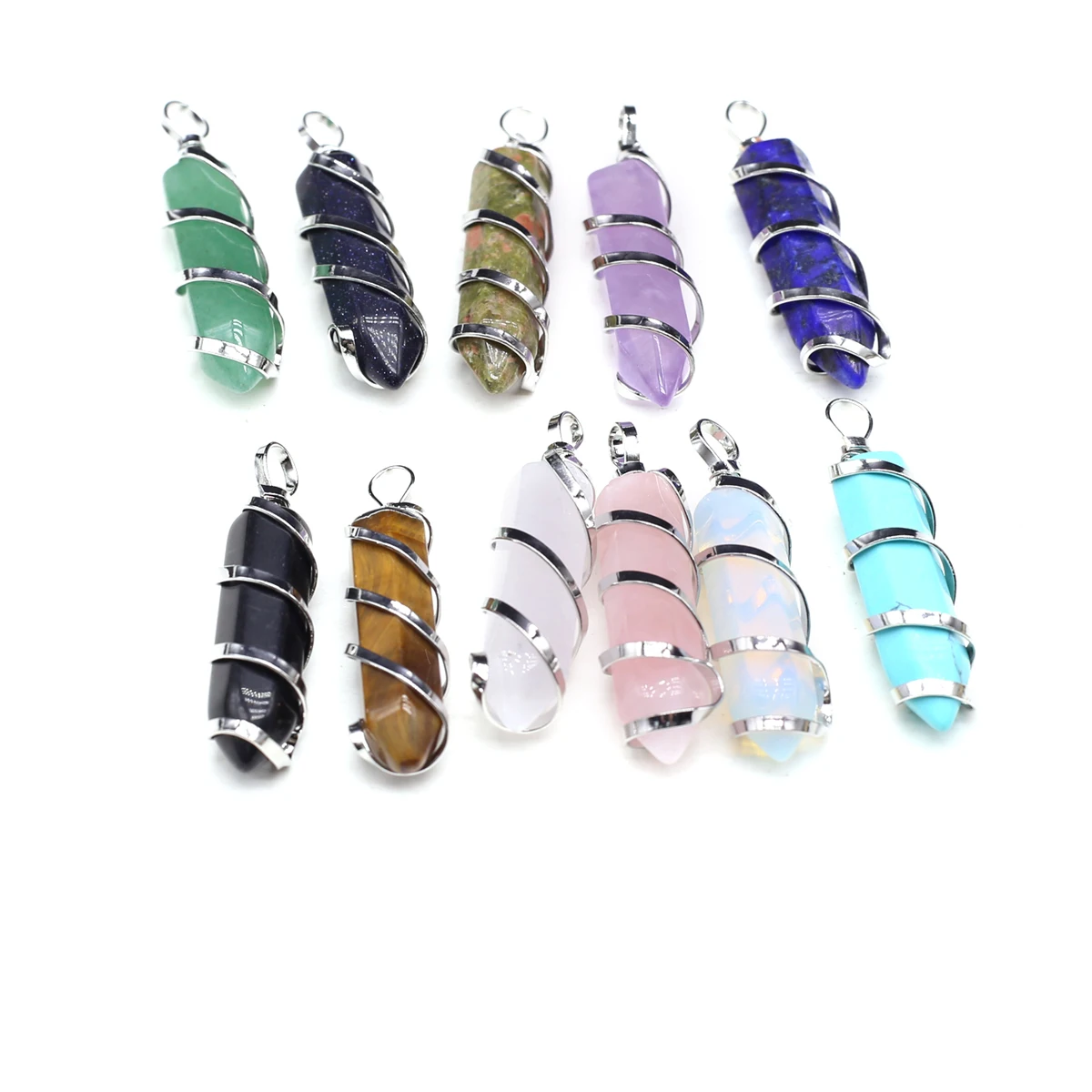 Hexagonal Crystal Pointed Charms Natural Stone Opal Amethyst Flat Copper Wire Wrapped Pendant for Jewelry Making DIY Necklace