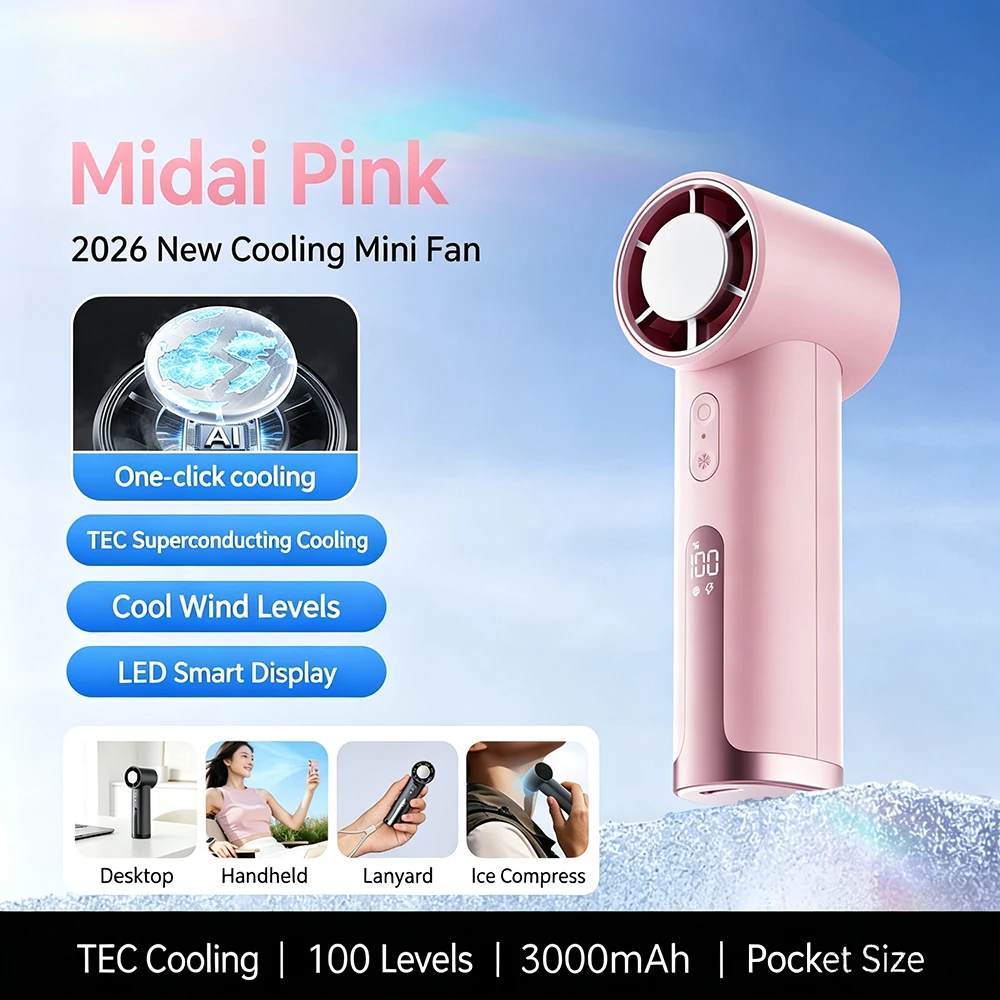 Mini handheld fan, with long battery life for charging, equipped with a hanging strap for easy portability and cooling function.