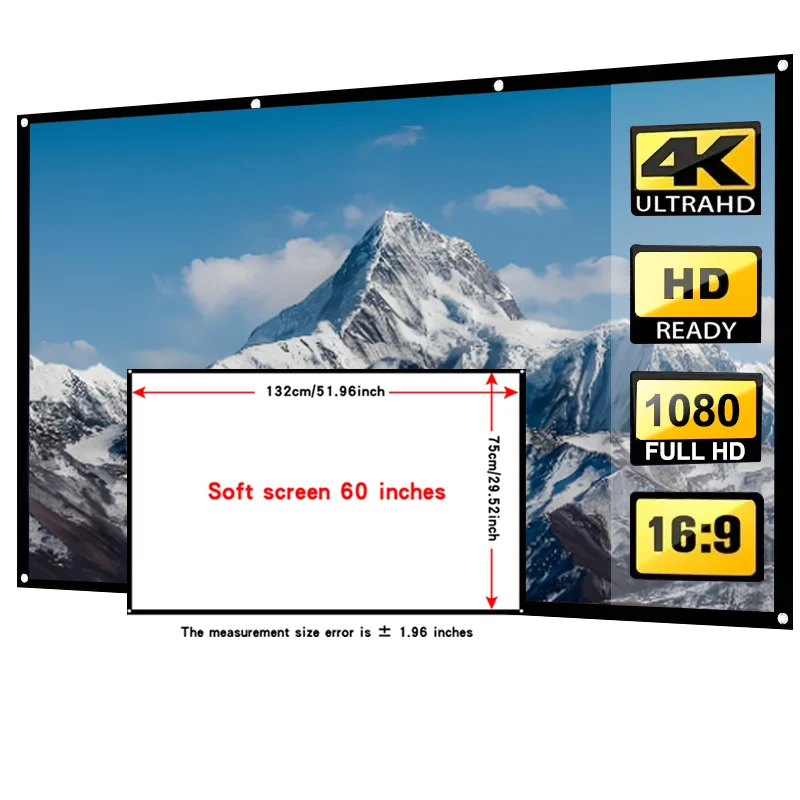 

60 inch white projection screen. A screen used for projecting classic movies. Foldable soft screen for convenient storage.