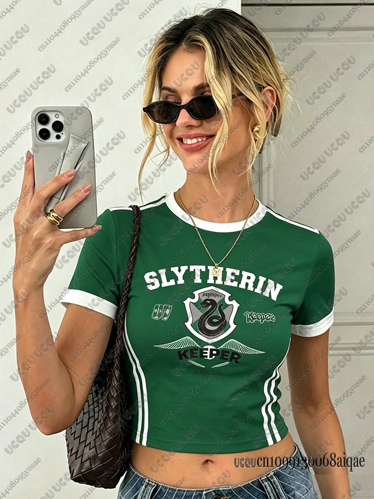 Top corto con estampado de dibujos animados de Harry Potter en oferta, para mujer, informal, de verano, con cuello redondo, estilo sexy, ropa de cosplay, top corto Y2K