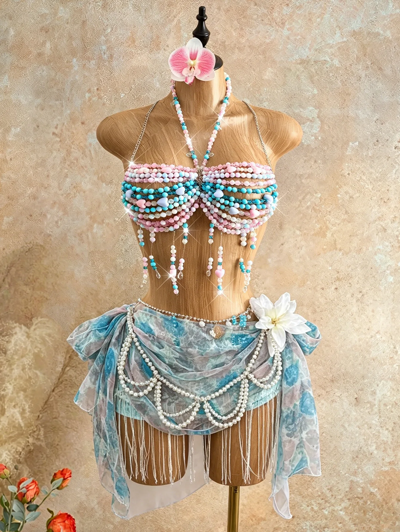 Spicy Girl Gradient Beaded Butterfly Chest Chain Multi layer Tassel Hanging Neck Body Chain Music Festival Beaded Top Beach Bra