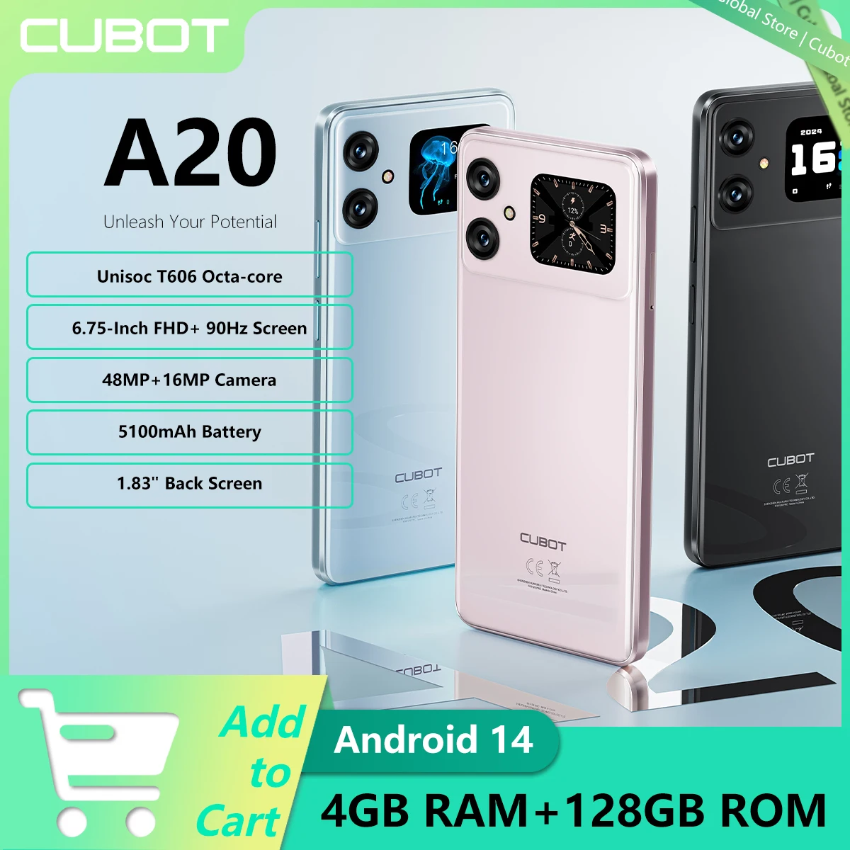 Смартфон Cubot A20 Android 14 12 ГБ (4 ГБ + 8 ГБ расширения) + 128 ГБ 90 ГБ 6,745 дюйма HD + дисплей Face ID 5100 мАч сотовый телефон