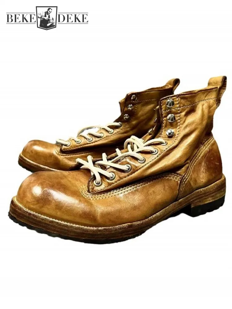 Retro Design Mens Genuine Leather Cargo Boots British Style Handmade Horsehide High Top Motorcycle Shoes Personality Short Boots