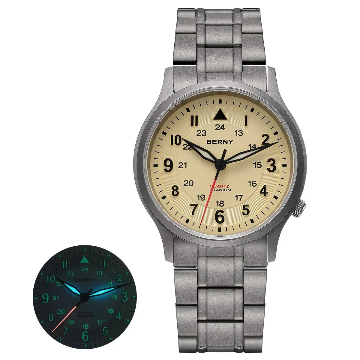 BERNY Volltitan-Uhren für Herren, Outdoor-Quarz-Herren-Feldarmbanduhr VH31, superleuchtende, leicht ablesbare Uhr mit Saphirglas
