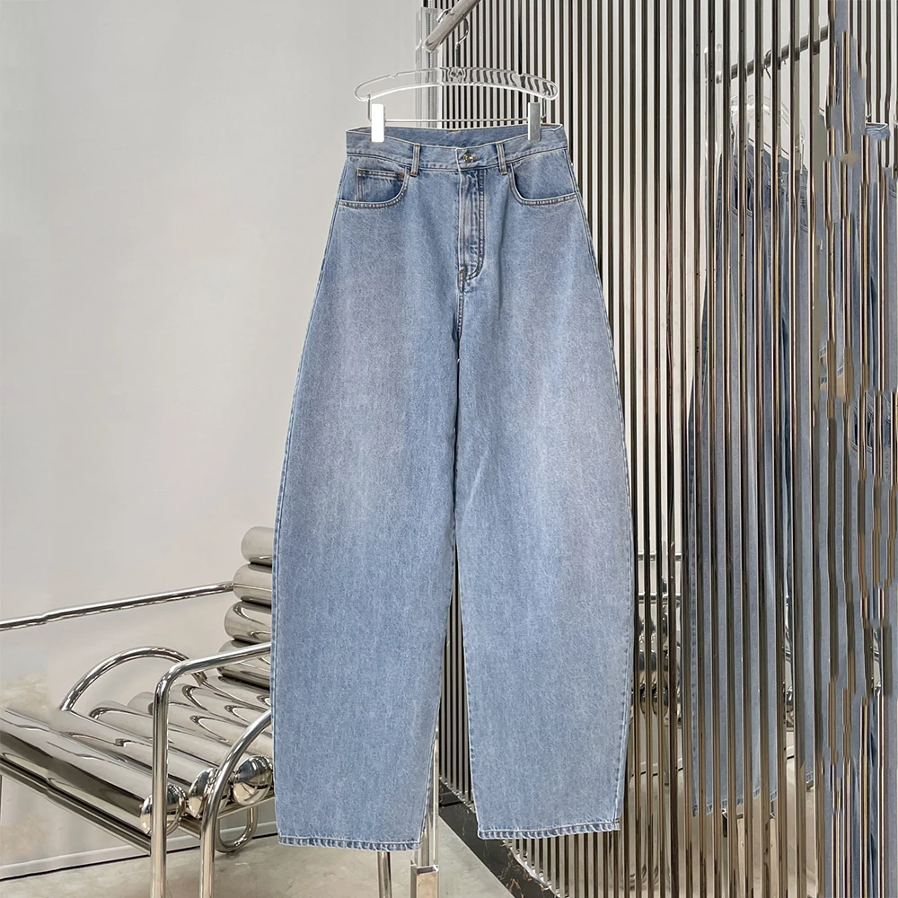 

Women High Waist Barrel Jeans Cotton Blend Loose Wide Leg Denim Pants Vintage Light Blue Trousers With Back Pleat Detail Y2k