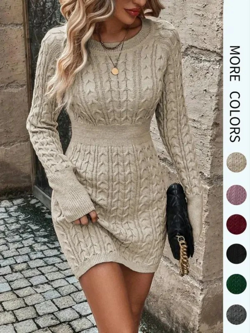

Women's Plain Round Neck Cable Knit Bodycon Sweater Dress Elegant Fashion Casual Long Sleeve Jumper Dress for Daily Outdoor Wear