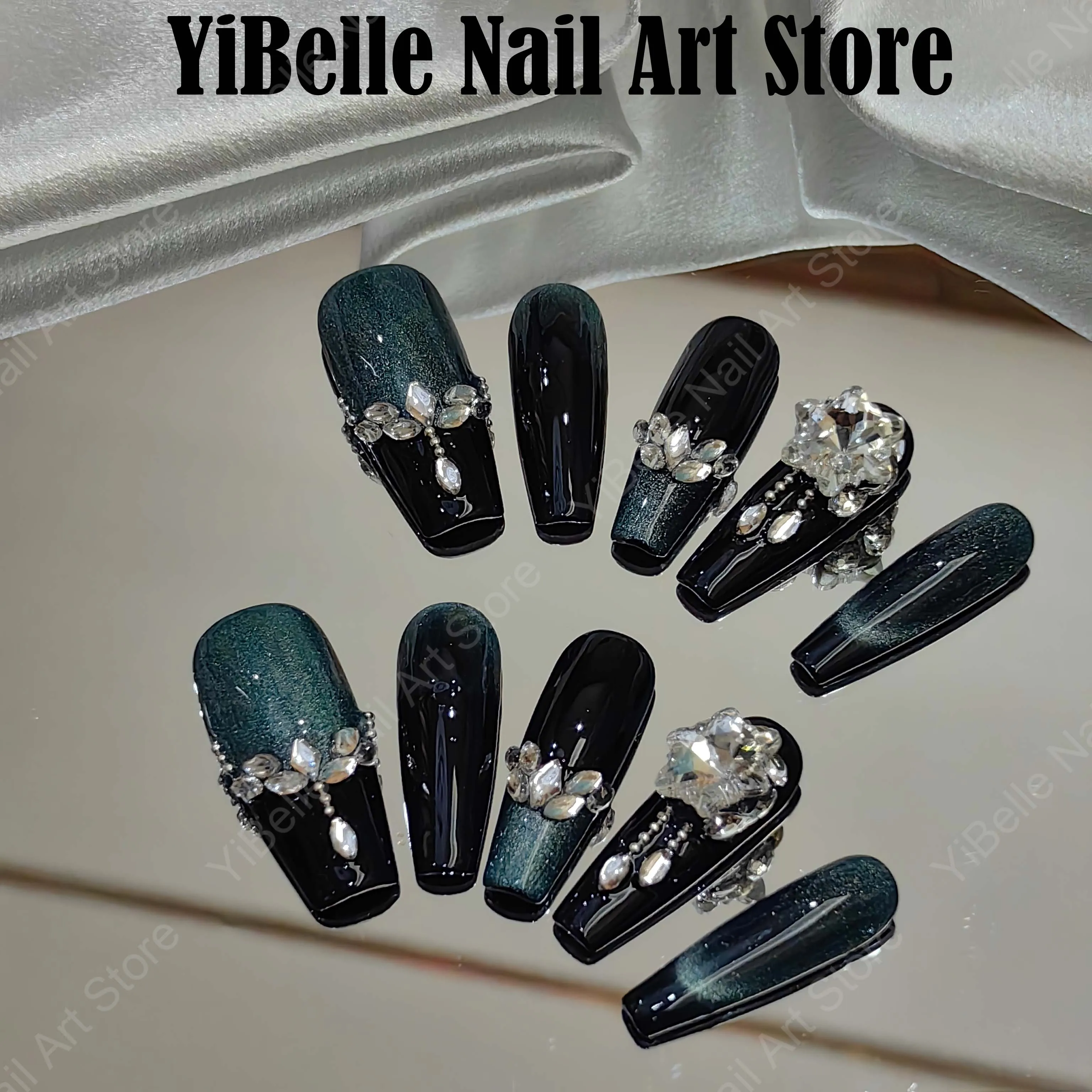 10Pcs Handmade Press On Nails French Green with Rhinestones High Quality Personality Wearable Decoration Full Cover Nail Tips Ar