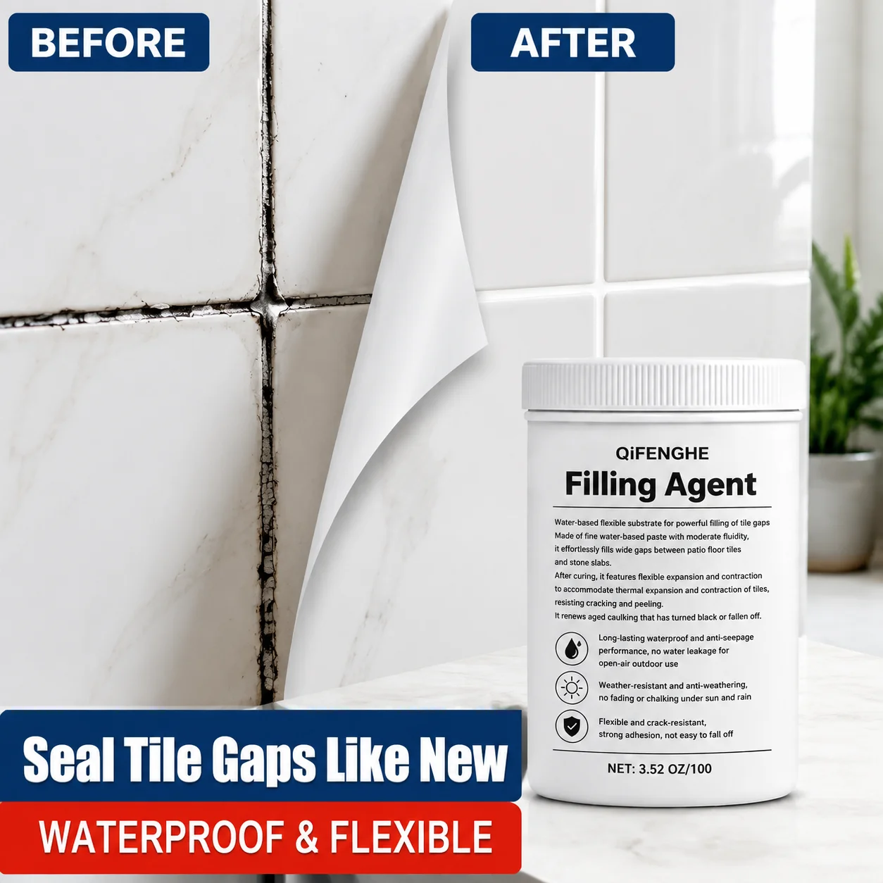 Water-Based Tile Gap Filling Paste Smooth Renew Old Grout Weather Resistant Prevent Seepage For Indoor Outdoor Tiles