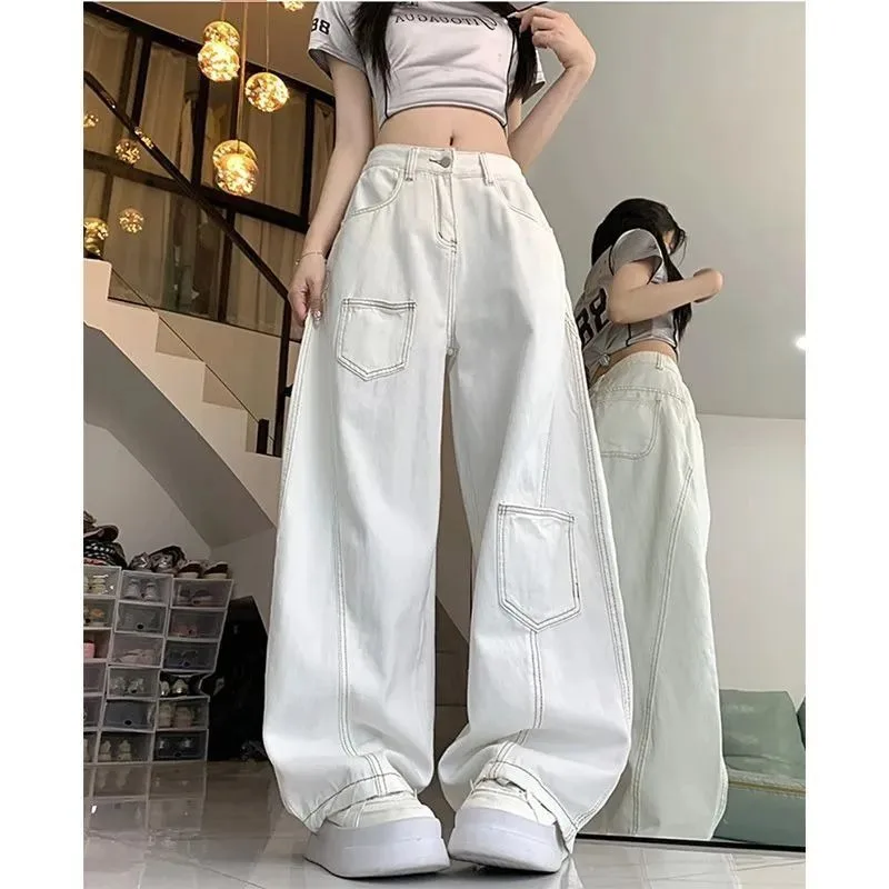 Fashion High Waist Wide Leg Jeans Women Street Style Slimming Leisure Fit Solid Color Denim Pants Retro Women Pants