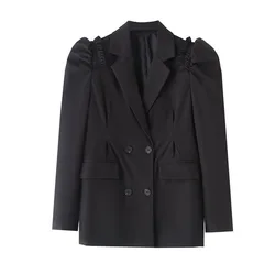 Women Fashion Ruffle Puff Sleeve Black Suit Jacket Double-breasted Notched Collar Long Sleeve Female Blazers Coat Spring New