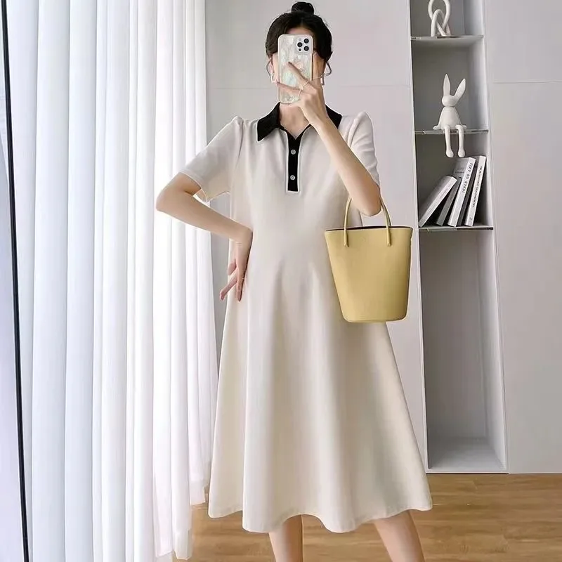 Somenie Maternity Dress, Summer Short-sleeve Polo Dress, Lapel Maternity Dress, Summer Short-sleeve Maternity Dress