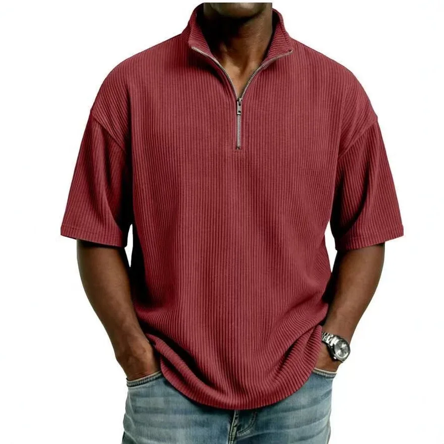 Summer Corduroy Stand-up Collar Shirt Men's Solid Color Loose Casual Shoulder Men's Short Sleeves